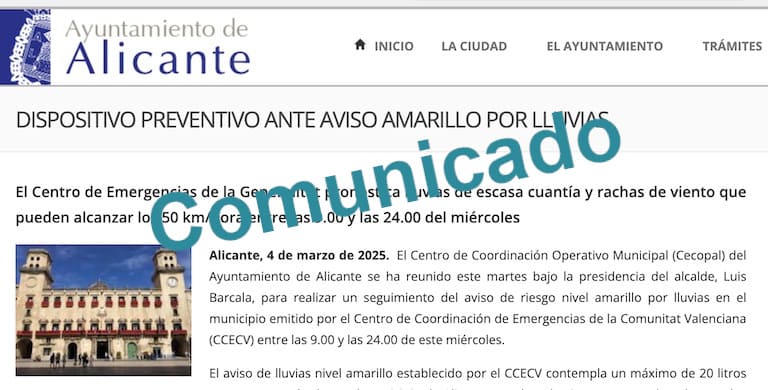 Comunicado del Ayto de Alicante sobre próximas lluvias