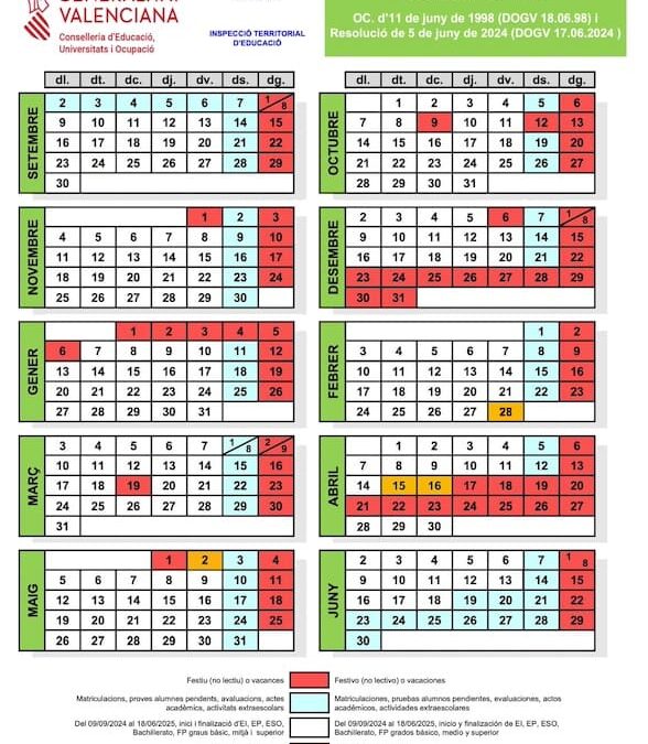 Calendario escolar para todas las etapas, curso 2024-25