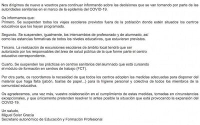 Circular enviada por el Secretario autonómico de Educación (jueves 11 de marzo)